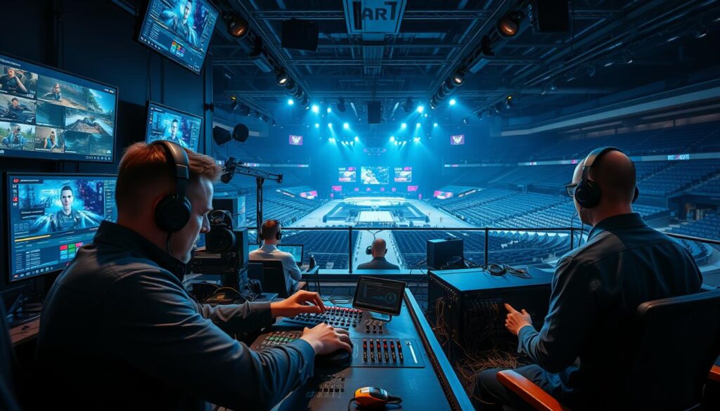 A high-tech esports event control room during the pre-event setup, showcasing multiple large monitors displaying game footage and streaming analytics. In the foreground, a focused technician in professional business attire adjusts the soundboard while another checks camera angles on a touchscreen interface. The middle ground features rows of high-performance computers and various cables neatly organized, illuminated by cool, high-intensity LED lights creating a vibrant atmosphere. In the background, large windows reveal an expansive arena set up for the upcoming matches, with empty seats and stage equipment. The composition captures the energy and anticipation of a major live streaming event, all under a dynamic lighting setup that enhances the futuristic vibe. A high-tech esports event control room during the pre-event setup, showcasing multiple large monitors displaying game footage and streaming analytics. In the foreground, a focused technician in professional business attire adjusts the soundboard while another checks camera angles on a touchscreen interface. The middle ground features rows of high-performance computers and various cables neatly organized, illuminated by cool, high-intensity LED lights creating a vibrant atmosphere. In the background, large windows reveal an expansive arena set up for the upcoming matches, with empty seats and stage equipment. The composition captures the energy and anticipation of a major live streaming event, all under a dynamic lighting setup that enhances the futuristic vibe.