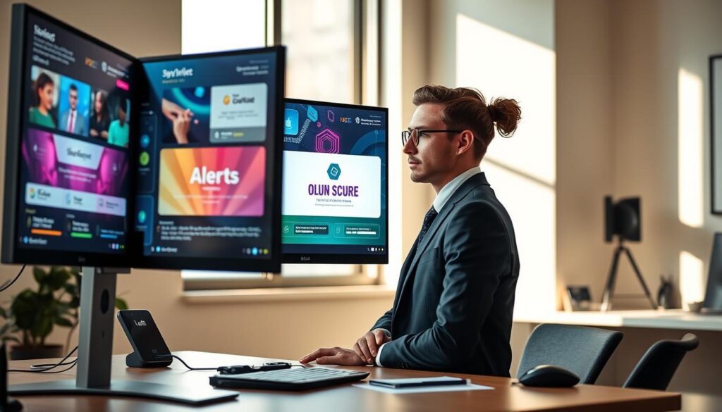 A modern digital workspace with a focus on overlays and alerts. In the foreground, a sleek computer monitor displays vibrant and dynamic overlay graphics, showcasing colorful alert notifications and elegant branding elements. The middle area features a professional individual in business attire, intently analyzing the overlays, with an expression of engagement and focus. Soft, natural lighting from a nearby window enhances the scene, casting gentle shadows. In the background, a stylish office environment with minimalistic decor creates a sophisticated ambiance, while unobtrusive tech gadgets provide context. The overall mood is innovative and professional, inviting viewers into the world of channel aesthetics and modern branding strategies.