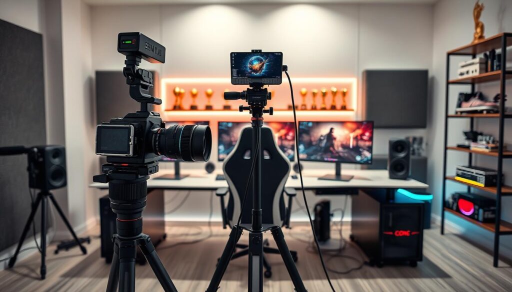 A professional streaming setup featuring a high-quality camera on a sturdy tripod, positioned at eye level in a modern, well-lit room. The camera has a large lens and is focused on an empty gaming chair set against a sleek desk with dual monitors displaying gaming content. Soft, diffused lighting illuminates the space, highlighting the organized cables and colorful LED accents around the desk. In the background, add soundproof panels and shelving displaying gaming trophies and merchandise, creating a competitive gaming atmosphere. The mood is focused and innovative, showcasing an optimal environment for content creation. The entire scene conveys professionalism and efficiency in a competitive gaming setup, emphasizing the importance of quality gear.