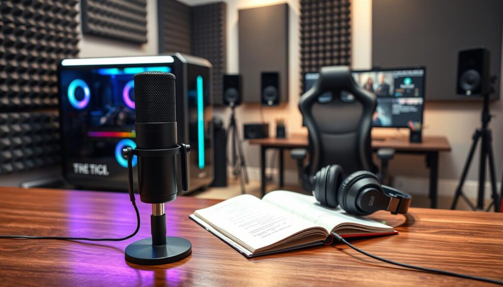 A sleek desktop setup showcasing a strategic microphone investment for streamers. In the foreground, a high-quality, professional microphone stands prominently on a polished wooden desk, illuminated by soft, ambient lighting. The middle layer features a modern streaming PC with RGB lighting, and a pair of premium headphones resting beside an open notebook filled with notes on budgeting. The background displays a stylish gaming chair and a large monitor featuring streaming software, all set against a well-organized, aesthetically pleasing backdrop of soundproofing panels. The atmosphere is focused and inviting, emphasizing the balance between budget-friendly and premium gear, capturing a nuanced yet motivating workspace for aspiring streamers.