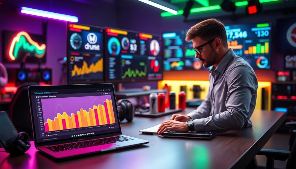 A vibrant and dynamic digital workspace showcasing streamer sponsorship analytics. In the foreground, a sleek laptop displays colorful graphs and charts representing subscriber growth and sponsorship metrics. Next to the laptop, a professional individual, dressed in smart casual attire, attentively analyzes the data, implying focus and ambition. The middle ground features a modern desk adorned with gaming merchandise, energy drinks, and a high-resolution monitor showing live streaming stats. The background is softly blurred, revealing ambient lighting from neon lights that create a tech-savvy atmosphere, enhancing the sense of an engaged streaming environment. The overall mood is industrious and driven, capturing the essence of attracting sponsors in the streaming industry. Use bright lighting to emphasize the data while maintaining a clean, organized look.