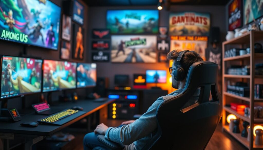 A vibrant and inviting gaming room, featuring a large computer setup with multiple monitors displaying popular strategic games known for streamer donations, such as "Among Us," "Fortnite," and "League of Legends." In the foreground, a professional streamer wearing casual gaming attire sits in an ergonomic chair, focused on the screens, embodying concentration and excitement. The middle ground shows glowing LED lights illuminating the room with an array of game memorabilia and merchandise, creating a lively atmosphere. In the background, soft bokeh effects from gaming posters and shelves filled with gaming equipment add depth. The scene is bathed in warm, ambient lighting, giving a welcoming vibe that suggests community and engagement, perfect for attracting donations.