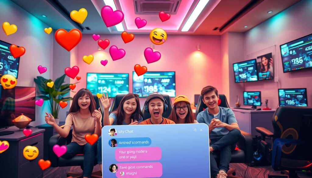A vibrant digital scene showcasing an interactive chat game environment. In the foreground, a colorful array of playful emotes like hearts, thumbs up, and laughter icons hover above a virtual chat window, bursting with energy. The middle ground features avatars of diverse streamers engaged with animated commands, wearing casual gaming attire; their expressions are enthusiastic and inviting. The background presents a cozy, modern streaming room adorned with LED lights, monitors displaying chat statistics, and plush gaming chairs. Soft, ambient lighting creates a welcoming atmosphere, enhancing the sense of fun and interactivity. The composition is dynamic, with a slight tilt to convey movement, capturing the essence of an engaging online gaming experience.