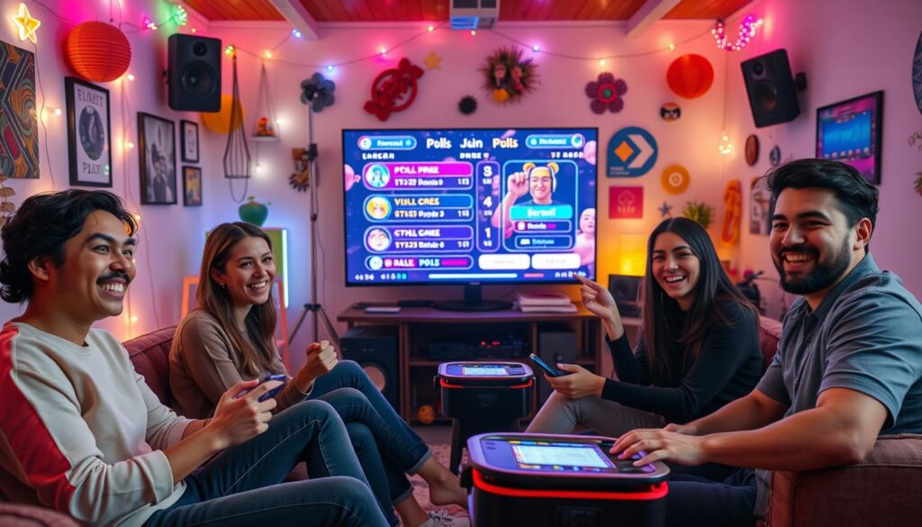 A vibrant, engaging scene depicting a lively livestreaming environment focused on interactive games and polls. In the foreground, a diverse group of four friends, casually dressed, are sitting in a cozy setup with gaming equipment, each enthusiastically engaged with their devices, showcasing expressions of excitement and interaction. In the middle, a large monitor brightly displays colorful poll results and animated game graphics, emphasizing viewer engagement. The background features a cozy room filled with LED lights and playful decorations, creating an inviting and energetic atmosphere. Soft, ambient lighting enhances the warmth, giving the scene an inviting and dynamic feel. The angle is slightly angled from above, capturing the entire setup in an engaging perspective.