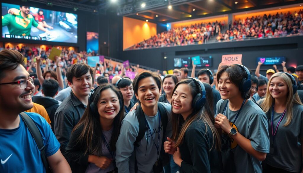 A vibrant gaming community gathering in an esports arena, showcasing diverse players interacting passionately. In the foreground, a group of individuals in professional gaming attire enjoys a friendly competition, their faces animated with excitement. In the middle ground, spectators cheer and hold colorful signs, fostering camaraderie and support. The background features large screens displaying game highlights and a lively crowd with bright lights illuminating the scene, creating a dynamic ambiance. The atmosphere is electric, filled with joy and unity, capturing the essence of community building within esports. Use soft, natural lighting to enhance facial expressions, with a slight wide-angle lens effect to emphasize the energy of the crowd and the scale of the event. A vibrant gaming community gathering in an esports arena, showcasing diverse players interacting passionately. In the foreground, a group of individuals in professional gaming attire enjoys a friendly competition, their faces animated with excitement. In the middle ground, spectators cheer and hold colorful signs, fostering camaraderie and support. The background features large screens displaying game highlights and a lively crowd with bright lights illuminating the scene, creating a dynamic ambiance. The atmosphere is electric, filled with joy and unity, capturing the essence of community building within esports. Use soft, natural lighting to enhance facial expressions, with a slight wide-angle lens effect to emphasize the energy of the crowd and the scale of the event.