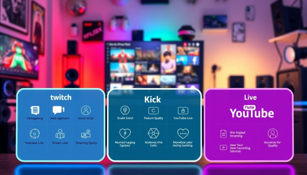 A visually engaging comparison graphic highlighting the features of the Kick live streaming platform. In the foreground, display three distinct panels, each representing Twitch, Kick, and YouTube Live with icons and symbols showcasing their key features such as audience engagement, monetization options, and streaming quality. In the middle background, illustrate a sleek gaming setup with a high-resolution monitor displaying vibrant streaming interfaces, surrounded by colorful LED lighting to create an energetic atmosphere. The background should include blurred elements of a cozy streaming room adorned with tech gadgets, enhancing the illustrative theme. Use soft lighting to create a welcoming and professional mood, focusing on clarity and visual appeal without any text overlays or additional elements. A visually engaging comparison graphic highlighting the features of the Kick live streaming platform. In the foreground, display three distinct panels, each representing Twitch, Kick, and YouTube Live with icons and symbols showcasing their key features such as audience engagement, monetization options, and streaming quality. In the middle background, illustrate a sleek gaming setup with a high-resolution monitor displaying vibrant streaming interfaces, surrounded by colorful LED lighting to create an energetic atmosphere. The background should include blurred elements of a cozy streaming room adorned with tech gadgets, enhancing the illustrative theme. Use soft lighting to create a welcoming and professional mood, focusing on clarity and visual appeal without any text overlays or additional elements.