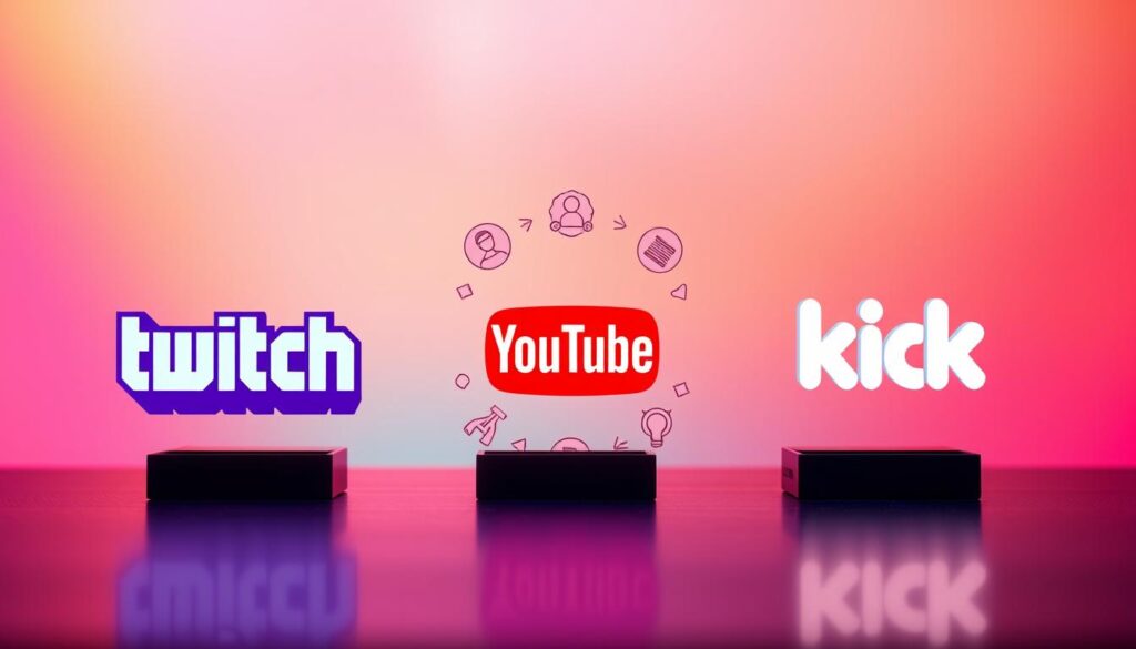 A visually engaging comparison image showcasing the goals of different streaming platforms: Twitch, YouTube, and Kick. In the foreground, create three elegantly designed platform logos side by side, each represented by a distinctive color scheme that symbolizes their unique brand identity. In the middle ground, illustrate icons or symbols that represent user goals, such as engagement, monetization, and community-building, elegantly intertwined around the logos. In the background, depict a soft gradient of colors blending from warm to cool tones, suggesting the dynamic atmosphere of online streaming. The lighting should be vibrant and inviting, highlighting each element without harsh shadows. Use a slightly angled perspective to give depth, enhancing the engaging feel of the image. Aim for a professional, modern aesthetic that captures the essence of the streaming landscape. A visually engaging comparison image showcasing the goals of different streaming platforms: Twitch, YouTube, and Kick. In the foreground, create three elegantly designed platform logos side by side, each represented by a distinctive color scheme that symbolizes their unique brand identity. In the middle ground, illustrate icons or symbols that represent user goals, such as engagement, monetization, and community-building, elegantly intertwined around the logos. In the background, depict a soft gradient of colors blending from warm to cool tones, suggesting the dynamic atmosphere of online streaming. The lighting should be vibrant and inviting, highlighting each element without harsh shadows. Use a slightly angled perspective to give depth, enhancing the engaging feel of the image. Aim for a professional, modern aesthetic that captures the essence of the streaming landscape.