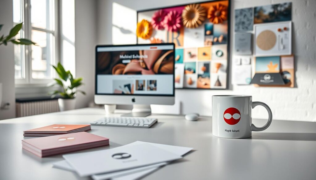 A visually striking composition showcasing cohesive branding elements, focused on a sleek workspace. In the foreground, a neatly arranged table features branded stationery, including business cards and a minimalist logo design, all in a harmonious color palette. The middle layer reveals a computer screen displaying a professional website with integrated branding elements, while a stylish coffee mug with the brand logo sits nearby. In the background, a vibrant mood board, adorned with fabric swatches, color samples, and inspiration images, highlights the consistency of the branding theme. Soft, natural lighting streams in from a window, creating an inviting atmosphere. The overall mood is professional, modern, and focused on growth through visual identity, inviting the viewer to appreciate the importance of cohesive branding.