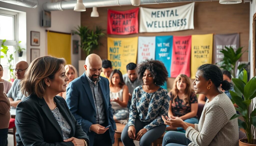 A cozy community center bustling with activity, featuring a diverse group of individuals gathered in small groups, engaged in conversation and sharing experiences to promote mental wellness. In the foreground, a supportive mentor listening intently to a participant, both dressed in professional business attire. In the middle ground, other groups are seen engaged in mindful activities like art therapy and meditation, with soft lighting enhancing the warm, inviting atmosphere. The background showcases colorful banners depicting positive affirmations and the importance of mental health, with plants adding a touch of nature. The overall mood is uplifting and encouraging, emphasizing the sense of community and solidarity in supporting mental wellness. The image is brightly lit, suggesting hope and positivity, captured with a gentle perspective lens to create an intimate feel. A cozy community center bustling with activity, featuring a diverse group of individuals gathered in small groups, engaged in conversation and sharing experiences to promote mental wellness. In the foreground, a supportive mentor listening intently to a participant, both dressed in professional business attire. In the middle ground, other groups are seen engaged in mindful activities like art therapy and meditation, with soft lighting enhancing the warm, inviting atmosphere. The background showcases colorful banners depicting positive affirmations and the importance of mental health, with plants adding a touch of nature. The overall mood is uplifting and encouraging, emphasizing the sense of community and solidarity in supporting mental wellness. The image is brightly lit, suggesting hope and positivity, captured with a gentle perspective lens to create an intimate feel.