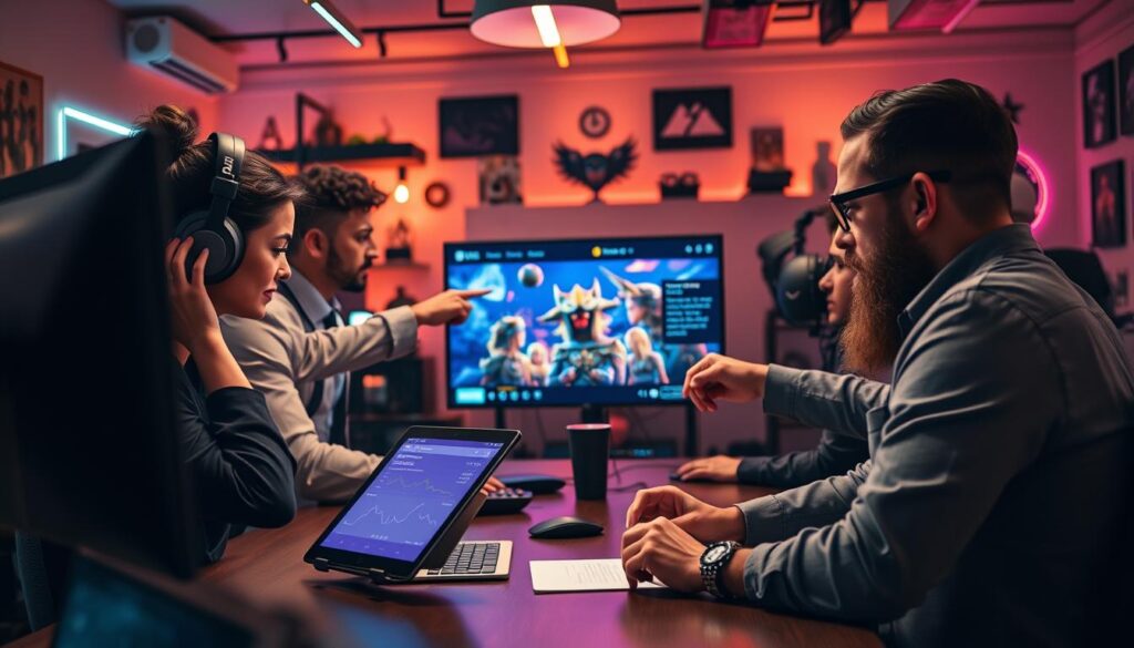 A dynamic scene depicting a Twitch raid strategy session, with a diverse group of four streamers intently collaborating at a modern workspace. In the foreground, a focused female streamer in smart casual attire adjusts her gaming headset, her desktop monitor displaying vivid Twitch analytics. To her left, a male streamer, dressed in business casual, points at a digital tablet, brainstorming ideas with enthusiasm. In the middle ground, a large screen shows a vibrant raid graphic of characters and chat interactions, capturing the excitement of raids. The background features a stylish, well-lit gaming room, filled with LED lights and gaming memorabilia, enhancing the atmosphere of teamwork and creativity. The warm lighting creates an inviting vibe, and the overall composition suggests collaboration and strategic planning.