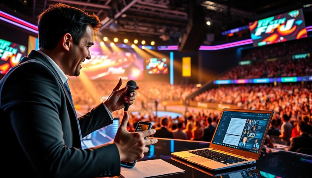 A dynamic scene of live esports news reporting, showcasing a professional presenter in business attire, passionately engaging with an audience via a laptop with a vibrant chat interface visible on the screen. In the foreground, the presenter gestures towards a high-tech microphone, exuding enthusiasm and energy. The middle layer features a sleek, modern studio filled with colorful LED lights and multiple displays showcasing live statistics of an ongoing esports match. In the background, an animated esports arena can be seen, filled with cheering fans and flashing screens. The mood should be lively and energetic, illuminated by soft, focused lighting to highlight the presenter while maintaining a sense of engagement with the viewers. Capture this from a slightly elevated angle to provide depth and excitement.