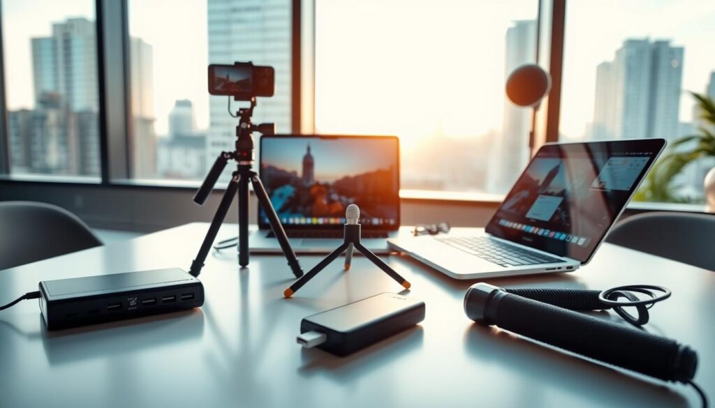A highly detailed scene showcasing mobile streaming power gear arranged on a sleek, minimalist table in a well-lit urban workspace. In the foreground, a portable power bank with multiple charging ports sits beside a compact tripod equipped with a smartphone holder. The middle ground features a high-tech laptop displaying streaming software and a microphone designed for clarity. In the background, large windows offer a panoramic city view, with soft natural light pouring in. A warm and vibrant atmosphere is created by the interplay of daylight and the cool tones from the devices. The angle is slightly elevated, capturing the entire setup while emphasizing the modernity and efficiency of mobile streaming technology. The scene embodies a sense of professionalism and innovation, ideal for content creators on the go.