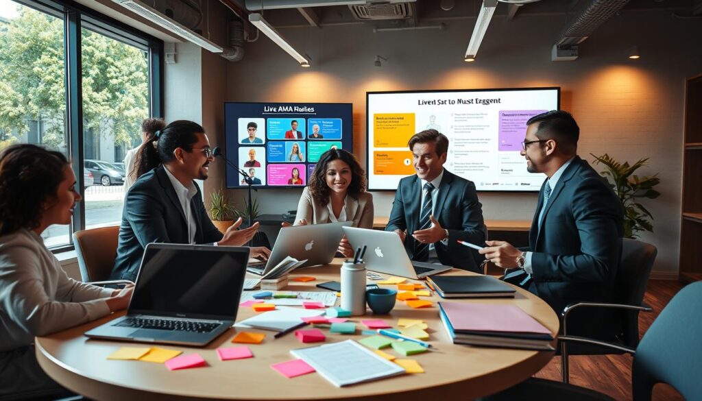 A lively and collaborative workspace featuring a group of four diverse professionals in business attire engaging in a brainstorming session for a live AMA event. In the foreground, a round table is cluttered with laptops, notebooks, and vibrant sticky notes. The middle ground showcases two individuals animatedly discussing ideas, while another person is taking notes, capturing the energy of collaboration. In the background, a large screen displays colorful graphics of potential guest profiles and engagement strategies, illuminated by soft, warm lighting for an inviting atmosphere. The scene is framed from a slightly elevated angle, giving a sense of openness and teamwork, with natural sunlight streaming through large windows to enhance the mood of creativity and productivity, all while ensuring a well-organized professional setting. A lively and collaborative workspace featuring a group of four diverse professionals in business attire engaging in a brainstorming session for a live AMA event. In the foreground, a round table is cluttered with laptops, notebooks, and vibrant sticky notes. The middle ground showcases two individuals animatedly discussing ideas, while another person is taking notes, capturing the energy of collaboration. In the background, a large screen displays colorful graphics of potential guest profiles and engagement strategies, illuminated by soft, warm lighting for an inviting atmosphere. The scene is framed from a slightly elevated angle, giving a sense of openness and teamwork, with natural sunlight streaming through large windows to enhance the mood of creativity and productivity, all while ensuring a well-organized professional setting.
