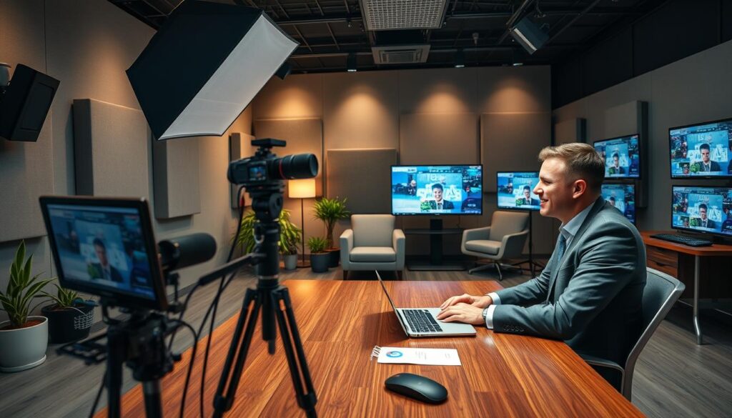A modern live interview technical setup studio featuring a sleek, well-organized workspace. In the foreground, a professional host wearing business attire sits at a polished wooden desk with a high-quality microphone and a laptop open, displaying streaming software. A camera on a tripod is positioned to capture the host, with soft, diffused lighting illuminating their face from a large softbox overhead. The middle ground showcases a cozy seating area with a guest chair, accented by plants and soundproof panels on the walls. The background includes multiple monitors displaying graphics, chat feeds, and live viewers. The atmosphere is focused and dynamic, with ambient lighting casting a warm glow, conveying professionalism and engagement for the live streaming experience. A modern live interview technical setup studio featuring a sleek, well-organized workspace. In the foreground, a professional host wearing business attire sits at a polished wooden desk with a high-quality microphone and a laptop open, displaying streaming software. A camera on a tripod is positioned to capture the host, with soft, diffused lighting illuminating their face from a large softbox overhead. The middle ground showcases a cozy seating area with a guest chair, accented by plants and soundproof panels on the walls. The background includes multiple monitors displaying graphics, chat feeds, and live viewers. The atmosphere is focused and dynamic, with ambient lighting casting a warm glow, conveying professionalism and engagement for the live streaming experience.