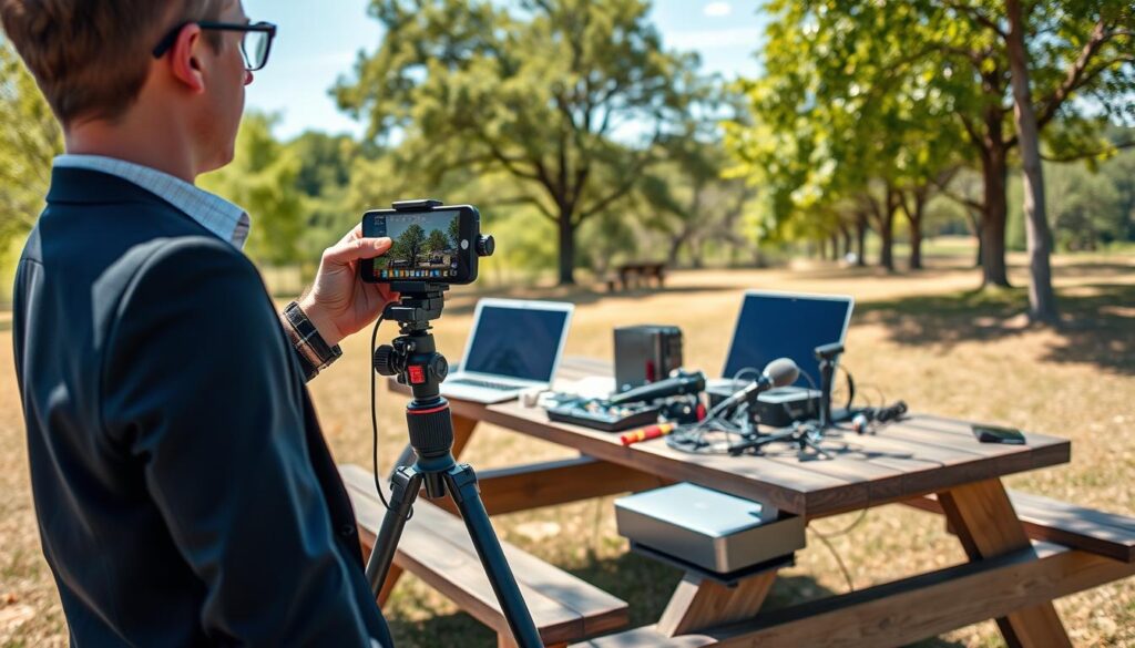 A modern outdoor setting depicting a professional content creator using an IRL streaming setup with a bonded cellular connection. In the foreground, the creator, dressed in smart casual attire, is holding a smartphone mounted on a sturdy tripod, connecting the device to a sleek portable cellular router. The middle ground features a picnic table cluttered with technical gadgets, including a laptop, microphones, and mixing equipment, emphasizing a creative workspace in a park. The background showcases a vibrant landscape with green trees and a clear blue sky, evoking a sense of freedom and adventure. Soft, natural sunlight illuminates the scene, casting gentle shadows and creating a lively, energetic atmosphere that embodies the thrill of mobile content creation.
