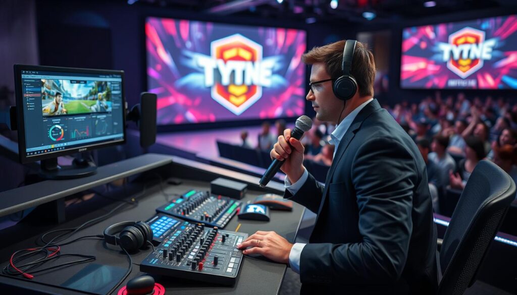 A professional esports tournament casting setup featuring a sleek, modern desk with dual monitors displaying game footage on one screen and analytics tools on the other. In the foreground, a professional commentator in smart casual attire focuses on the screen, holding a microphone with an engaged expression. The middle ground shows high-quality audio equipment, including headphones and a sound mixer, along with vibrant LED lights enhancing the ambiance. In the background, a large screen displays the tournament logo, with blurred silhouettes of an animated audience creating a dynamic atmosphere. The scene is well-lit with soft diffused lighting, giving a professional and energetic feel, captured from a slightly elevated angle to showcase the entire setup.