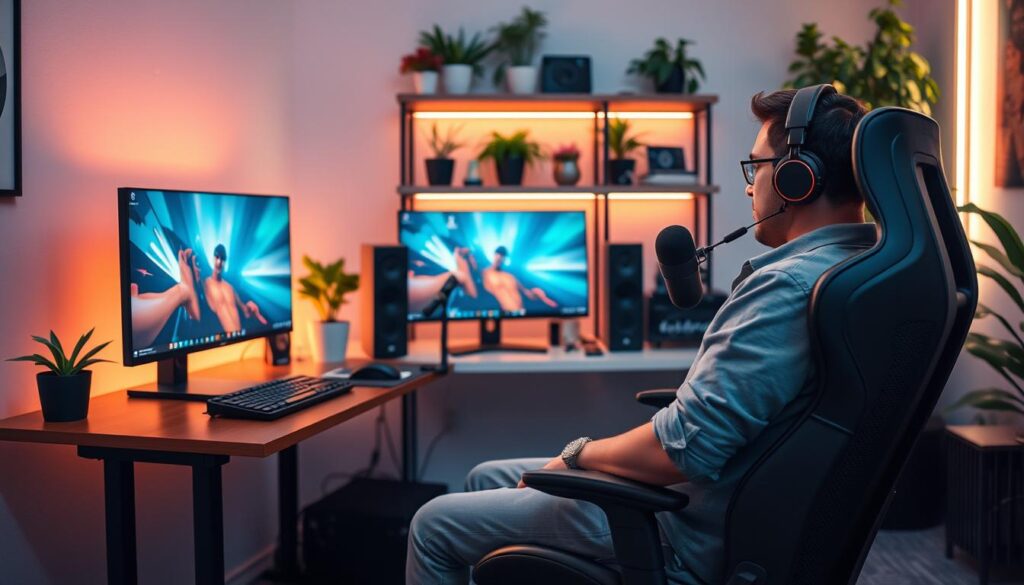A well-organized streaming setup in a modern home office, focusing on health ergonomics. In the foreground, a professional streamer sits comfortably in an ergonomic chair, wearing modest casual clothing, with an adjustable desk at a proper height. On the desk, a high-resolution monitor displays a vibrant gaming interface, alongside a mechanical keyboard and a high-quality microphone. The middle layer features shelves with plants and stress-relief items, creating a calming atmosphere. In the background, soft ambient lighting from LED strips casts a warm glow, enhancing the cozy ambiance. Camera angle is slightly above eye level, giving a comprehensive view of the workspace. The mood conveys focus, comfort, and a commitment to maintaining mental health while streaming. A well-organized streaming setup in a modern home office, focusing on health ergonomics. In the foreground, a professional streamer sits comfortably in an ergonomic chair, wearing modest casual clothing, with an adjustable desk at a proper height. On the desk, a high-resolution monitor displays a vibrant gaming interface, alongside a mechanical keyboard and a high-quality microphone. The middle layer features shelves with plants and stress-relief items, creating a calming atmosphere. In the background, soft ambient lighting from LED strips casts a warm glow, enhancing the cozy ambiance. Camera angle is slightly above eye level, giving a comprehensive view of the workspace. The mood conveys focus, comfort, and a commitment to maintaining mental health while streaming.