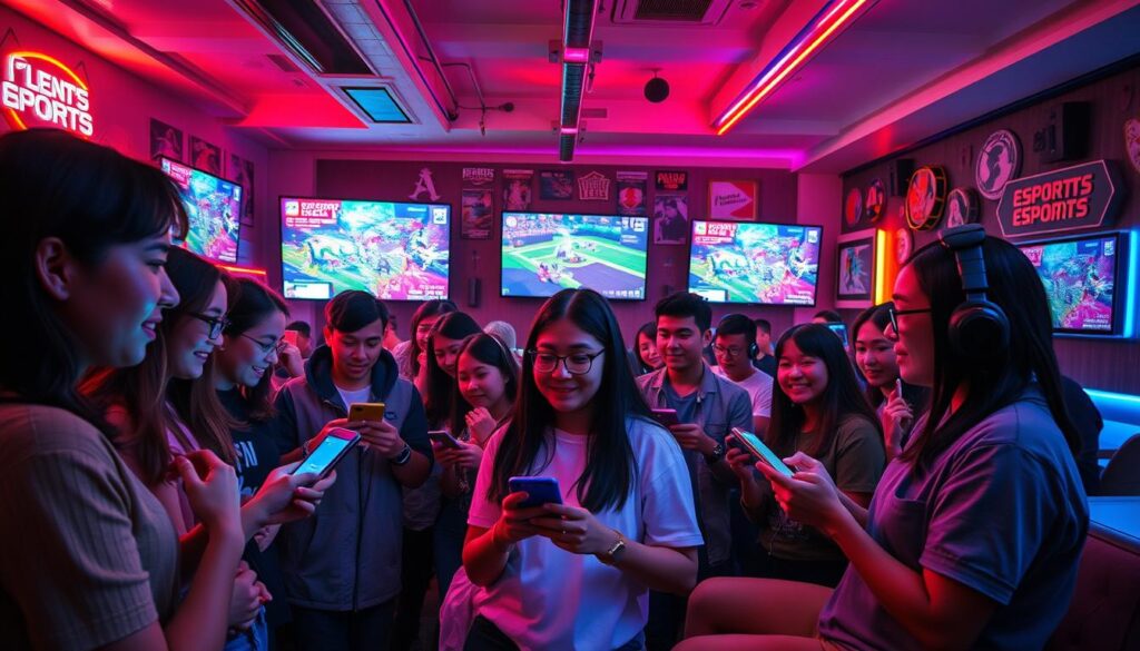An interactive esports watch party scene featuring an imaginative setup. In the foreground, a diverse group of young adults in modest casual clothing enthusiastically engage with their devices, showcasing a mix of excitement and concentration. The middle ground features large screens displaying vibrant esports tournament gameplay, with animated graphics and vivid colors illuminating the space. Guests interact via chat on their devices, creating an engaging atmosphere that emphasizes viewer participation. The background reveals a cozy lounge area with colorful LED lights, comfortable seating, and esports memorabilia on the walls. The lighting is dynamic, with bright and colorful tones to capture the energetic mood of the event. A wide-angle perspective showcases the bustling environment, highlighting the excitement of viewer interactivity in esports.