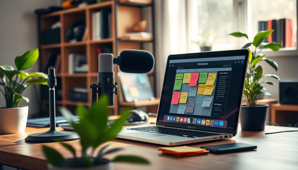 An organized workspace centered on streaming tips, featuring a stylish desk with a high-end microphone, a laptop displaying a calendar, and colorful sticky notes with reminders and highlights. Foreground includes a green plant for a touch of freshness, while the background features a softly lit bookshelf filled with gaming gear and books. Natural light streams in from a window, creating a warm and inviting atmosphere, ideal for productivity. The overall mood is motivating and professional, with a blend of modern technology and a cozy workspace environment. The image should evoke a sense of dedication and consistency, fitting for anyone looking to bolster their streaming habits. An organized workspace centered on streaming tips, featuring a stylish desk with a high-end microphone, a laptop displaying a calendar, and colorful sticky notes with reminders and highlights. Foreground includes a green plant for a touch of freshness, while the background features a softly lit bookshelf filled with gaming gear and books. Natural light streams in from a window, creating a warm and inviting atmosphere, ideal for productivity. The overall mood is motivating and professional, with a blend of modern technology and a cozy workspace environment. The image should evoke a sense of dedication and consistency, fitting for anyone looking to bolster their streaming habits.