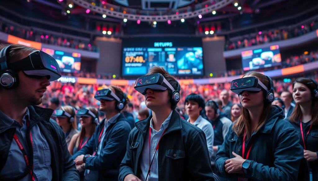 A futuristic esports arena showcasing advanced technology integration. In the foreground, diverse professional gamers, dressed in smart casual attire, are intensely focused on VR headsets and holographic displays, highlighting their engagement in an esports event. The middle layer features dynamic screens displaying live streaming stats, player profiles, and immersive graphics, while tech-savvy spectators cheer enthusiastically. In the background, a vibrant audience is illuminated by colorful, ambient LED lights, creating a lively atmosphere. Use a wide-angle lens to capture the entire scene, with a slight bokeh effect on the audience to emphasize the gamers. The overall mood is energetic and innovative, reflecting the excitement and potential of future esports integration.
