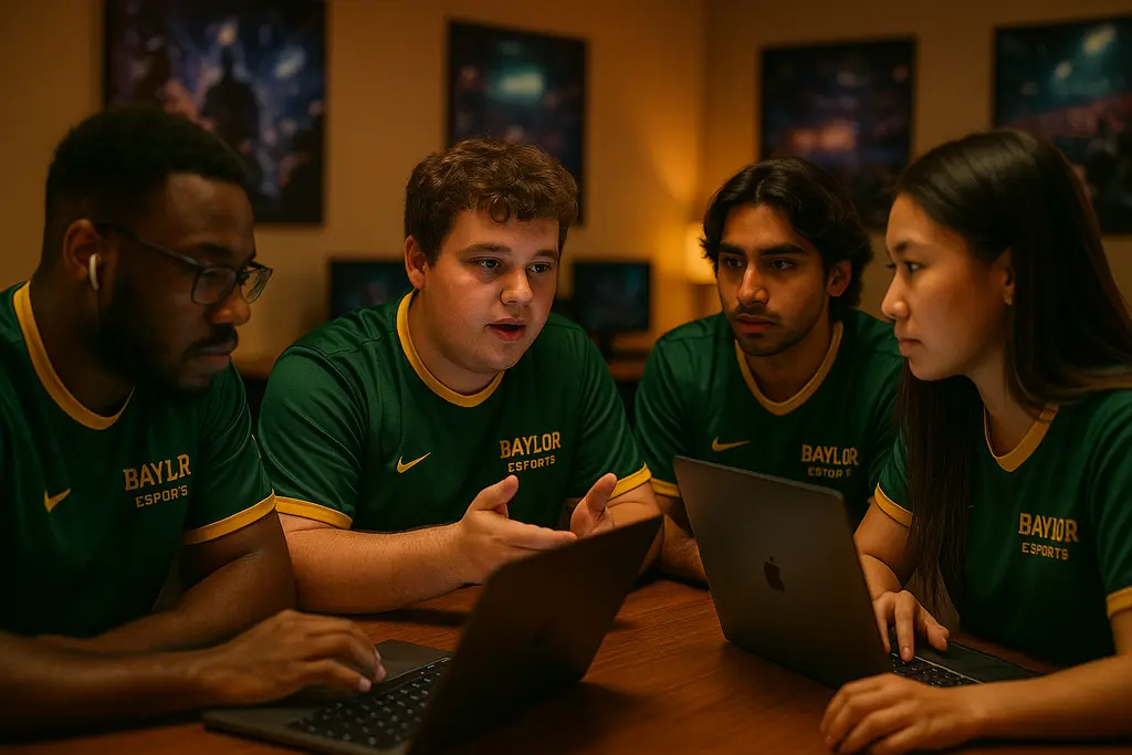 Baylor Esports Careers discussion with students watching a collegiate match setup