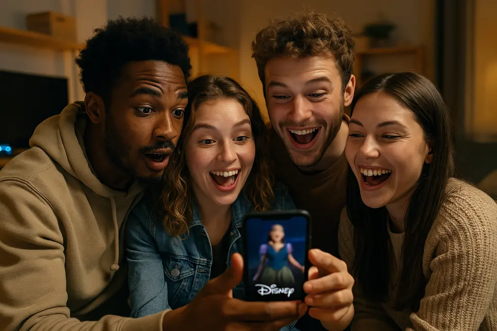 Disney vertical video feed on a phone beside a gaming news editing desk