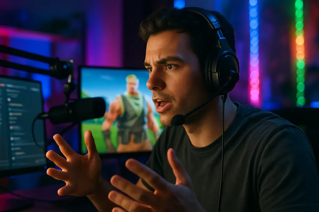 Fortnite Creator Monetization planning scene with a streamer reviewing island revenue ideas