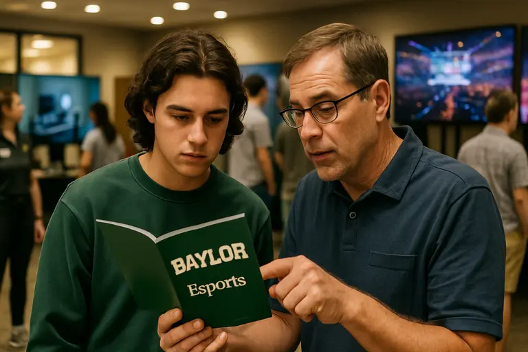 Parent and student reviewing esports program materials at a campus table