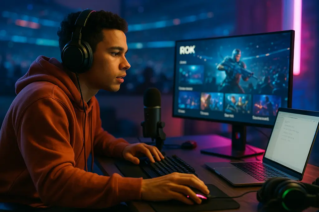 Roku Creators Hub on a TV screen with a gaming creator editing nearby