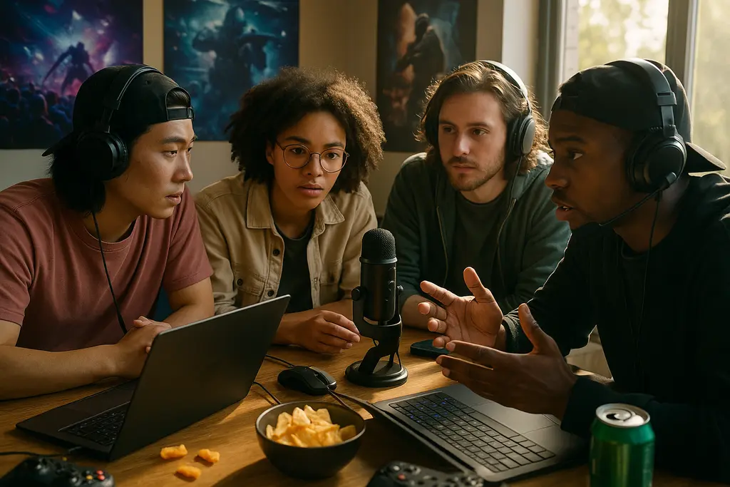 Tubi Creatorverse on a living-room screen with gaming creators planning episodes nearby