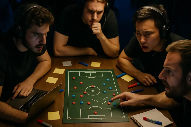 Counter-Strike team discussing strategy between maps on stage
