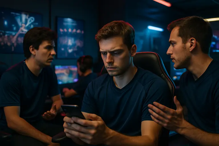 Counter-Strike players seated at practice stations during a team review session