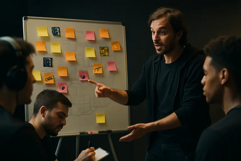 Coach reviewing notes beside players during a Call of Duty match break