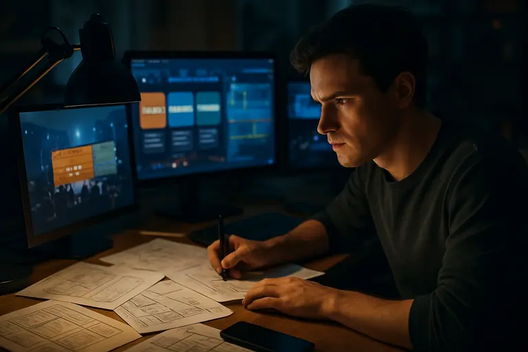 Gaming creator planning a content calendar with video clips on screen