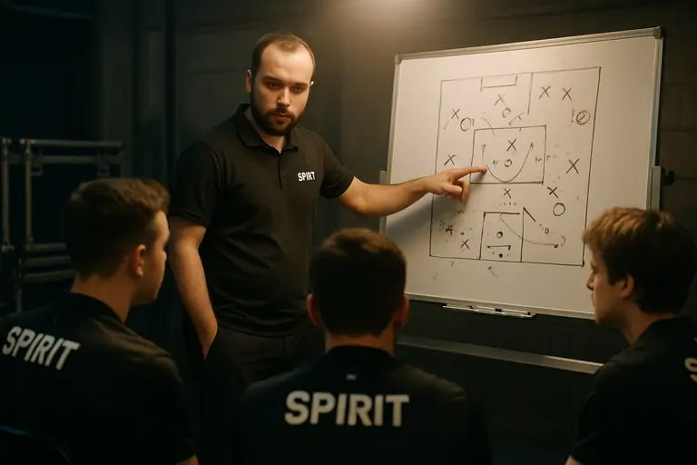 Team staff and players reviewing a Counter-Strike setup between maps